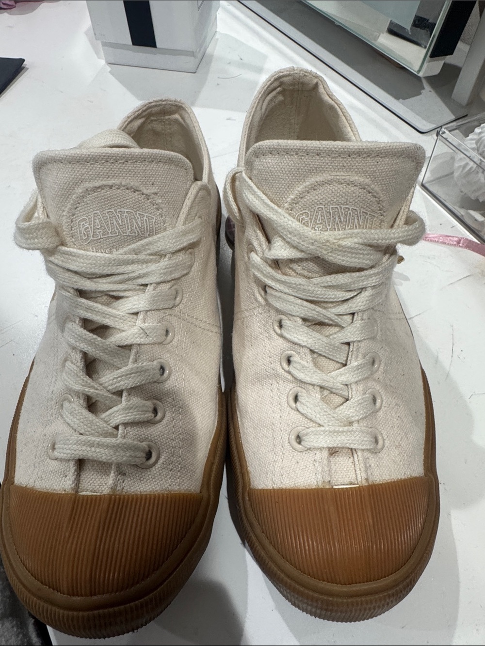 Ganni Off-White Canvas Low-Top Sneakers with Brown Rubber Toe